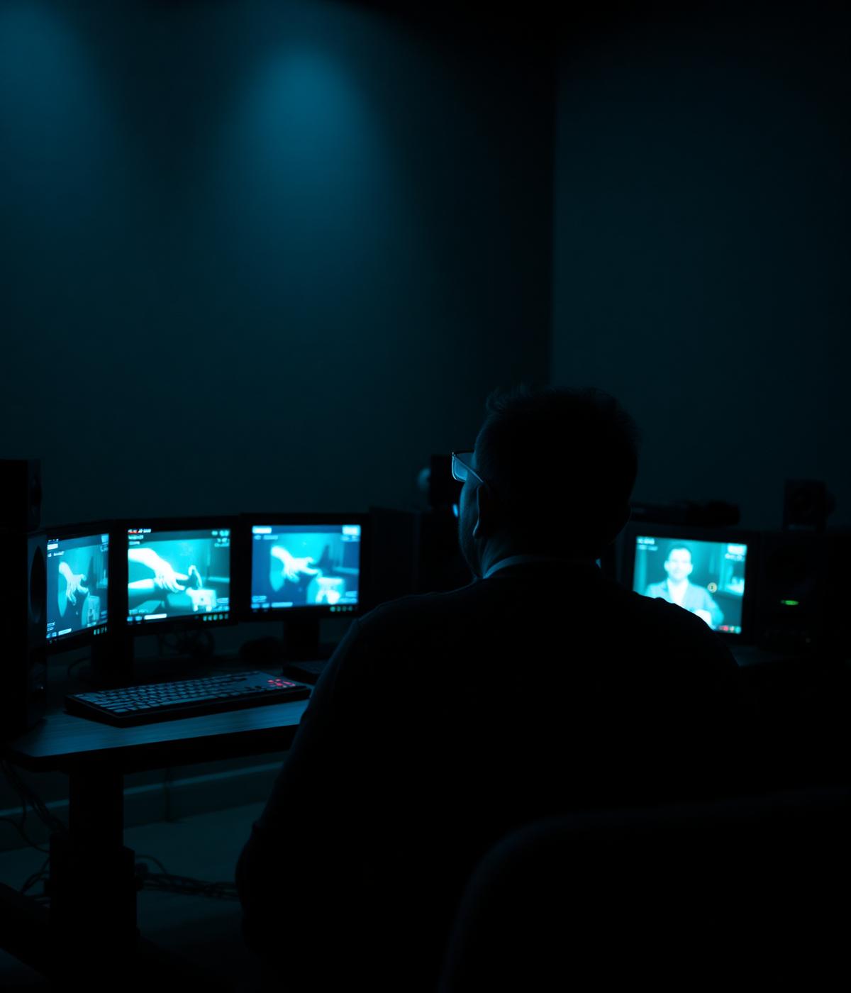 Editor working in a darkened post-production suite